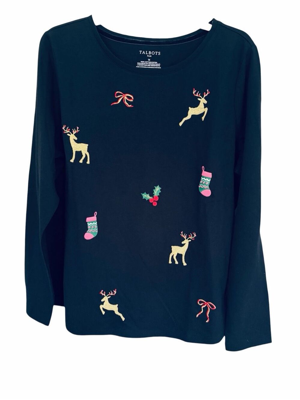 Talbots 100% Cotton Knit Navy Blue Top Embroidered Christmas Motifs Sz 1X NWT